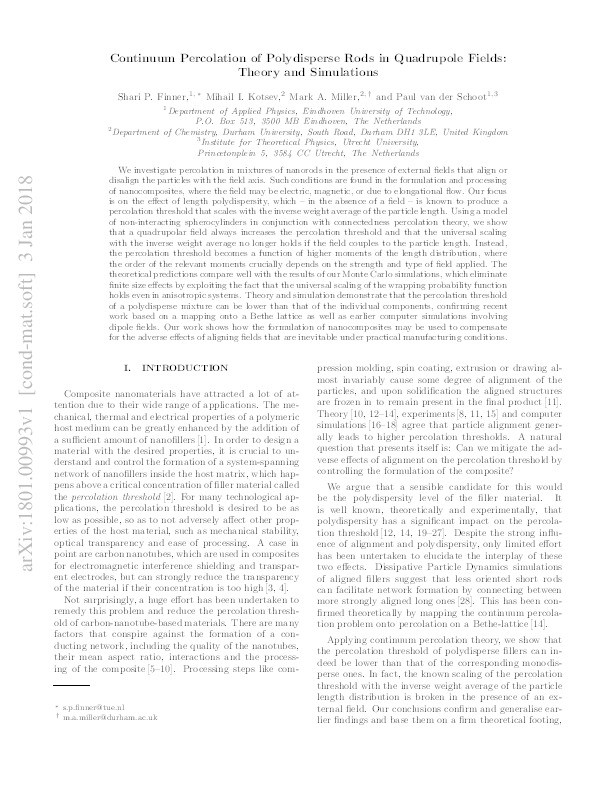 Continuum percolation of polydisperse rods in quadrupole fields: Theory and simulations Thumbnail