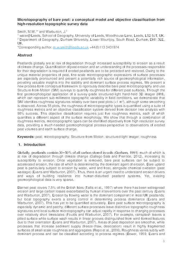 Microtopography of bare peat: a conceptual model and objective classification from high-resolution topographic survey data Thumbnail