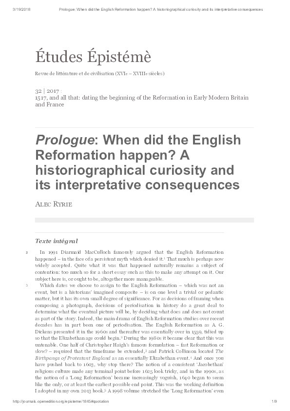 Prologue: When did the English Reformation happen? A historiographical curiosity and its interpretative consequences Thumbnail