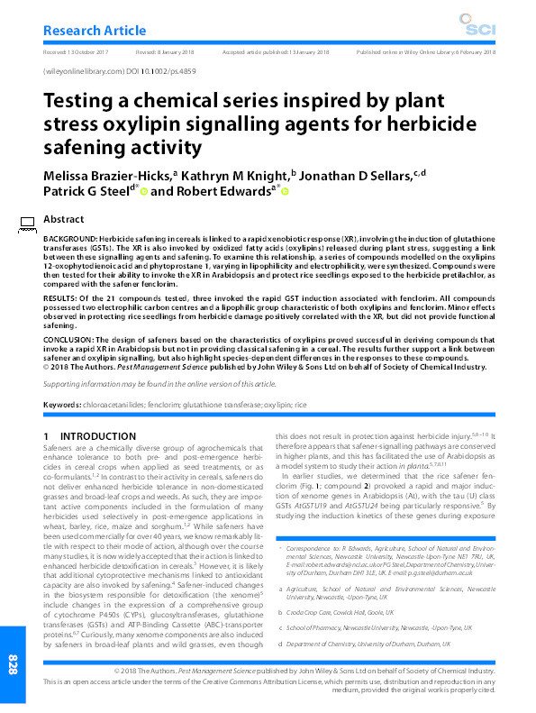 Testing a chemical series inspired by plant stress oxylipin signalling agents for herbicide safening activity Thumbnail
