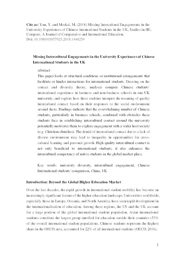 Missing Intercultural Engagements in the University Experiences of Chinese International Students in the UK Thumbnail