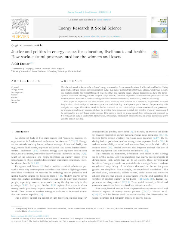 Justice and politics in energy access for education, livelihoods and health: How socio-cultural processes mediate the winners and losers Thumbnail