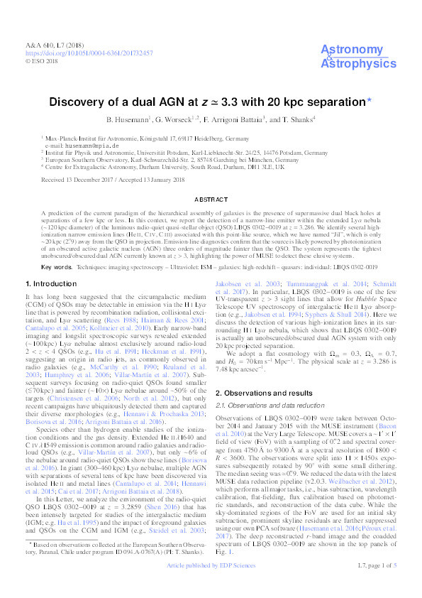 Discovery of a dual AGN at z ≃ 3.3 with 20 kpc separation Thumbnail
