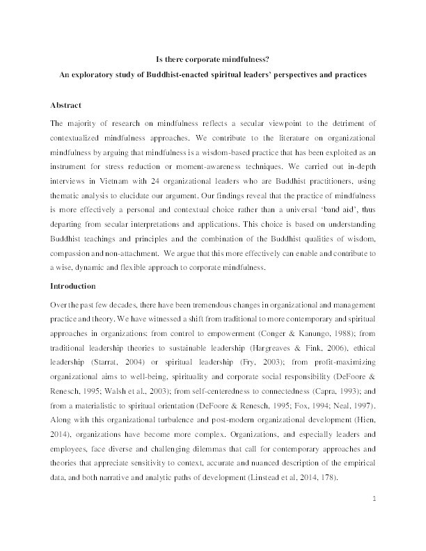 Is there corporate mindfulness? An exploratory study of Buddhist-enacted spiritual leaders’ perspectives and practices Thumbnail