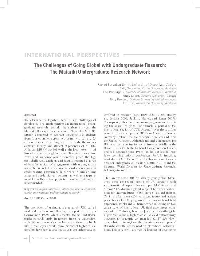 The Challenges of Going Global with Undergraduate Research: The Matariki Undergraduate Research Network Thumbnail