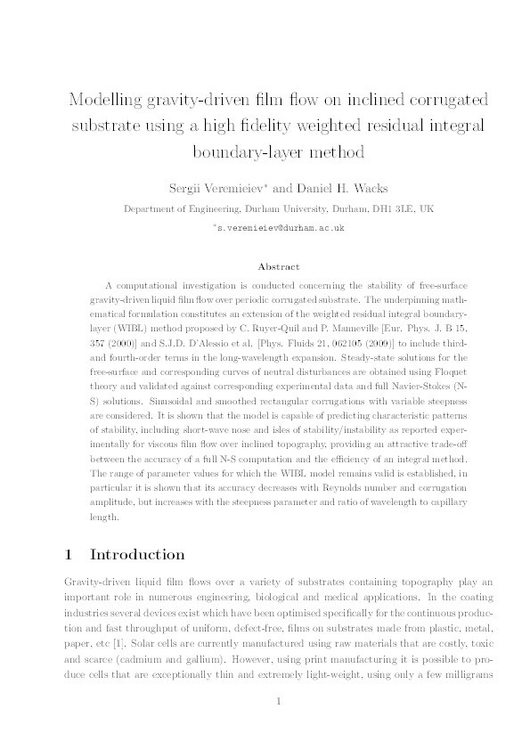 Modelling gravity-driven film flow on inclined corrugated substrate using a high fidelity weighted residual integral boundary-layer method Thumbnail