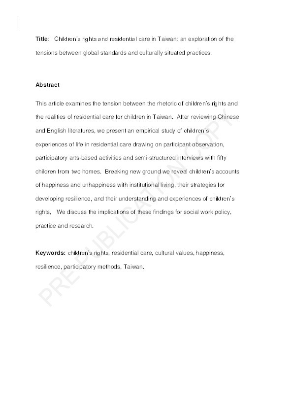 Children’s rights and residential care in Taiwan: An exploration of the tensions between global standards and culturally situated practices Thumbnail