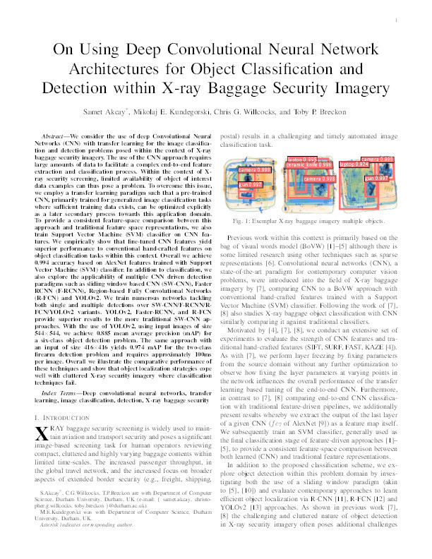 Using Deep Convolutional Neural Network Architectures for Object Classification and Detection within X-ray Baggage Security Imagery Thumbnail