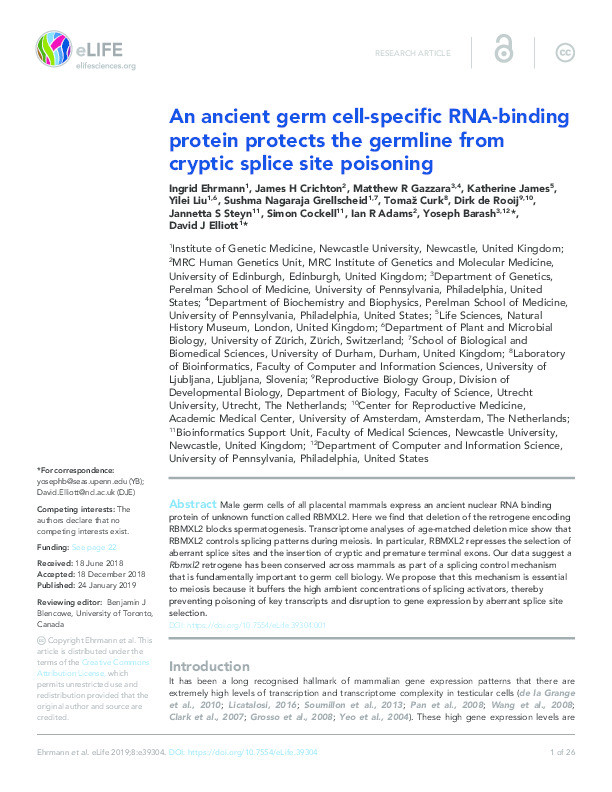 An ancient germ cell-specific RNA-binding protein protects the germline from cryptic splice site poisoning Thumbnail