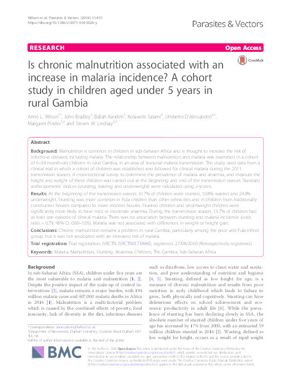 Is chronic malnutrition associated with an increase in malaria incidence? A cohort study in children aged under 5 years in rural Gambia Thumbnail