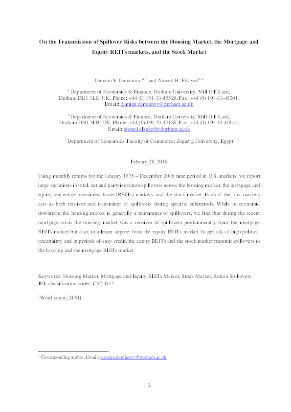 On the Transmission of Spillover Risks between the Housing Market, the Mortgage and Equity REITs markets, and the Stock Market Thumbnail