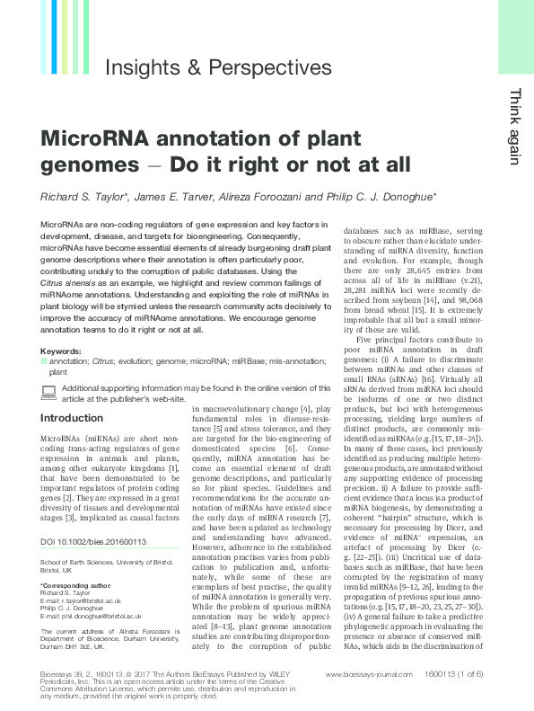 MicroRNA annotation of plant genomes − Do it right or not at all Thumbnail