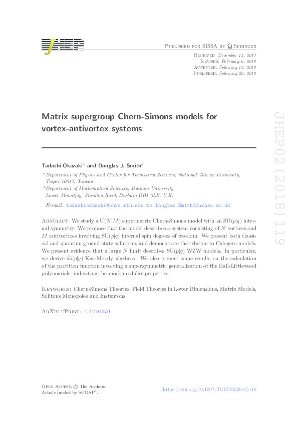 Matrix supergroup Chern-Simons models for vortex-antivortex systems Thumbnail