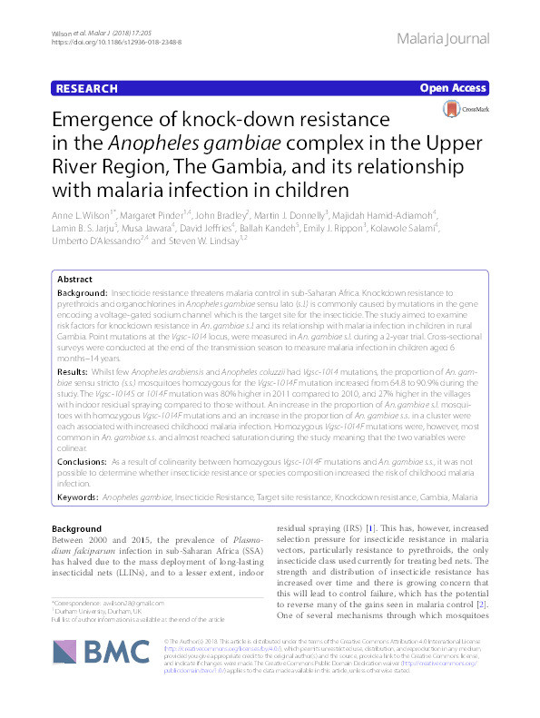 Emergence of knock-down resistance in the Anopheles gambiae complex in the Upper River Region, The Gambia, and its relationship with malaria infection in children Thumbnail