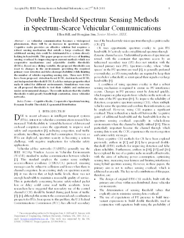 Double Threshold Spectrum Sensing Methods in Spectrum-Scarce Vehicular Communications Thumbnail