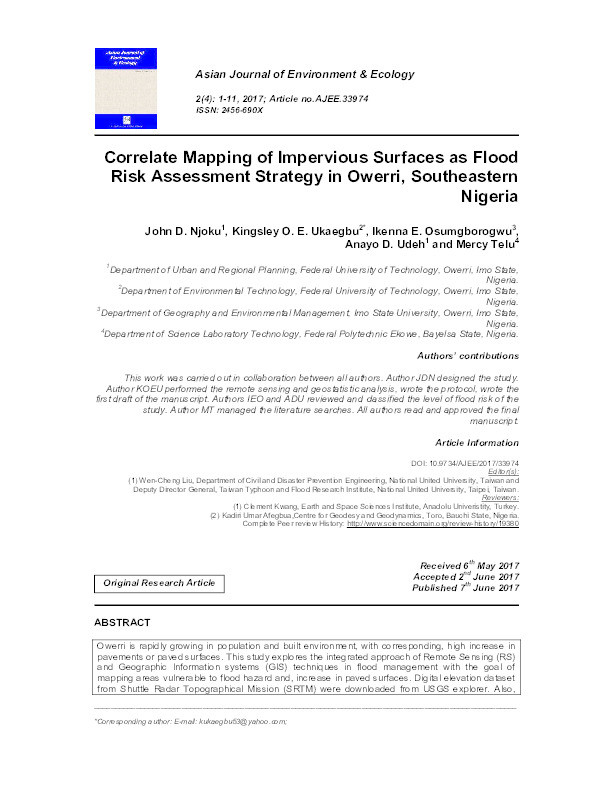 Correlate Mapping of Impervious Surfaces as Flood Risk Assessment Strategy in Owerri, Southeastern Nigeria Thumbnail