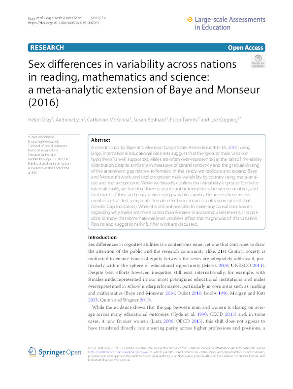 Sex differences in variability across nations in Reading, Mathematics and Science: A Meta-Analytic extension of Baye and Monseur (2016) Thumbnail