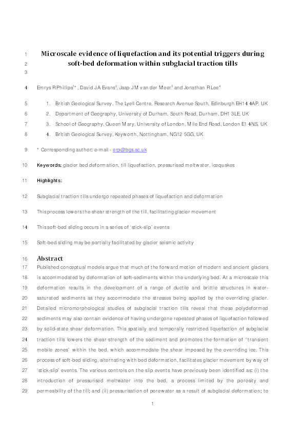 Microscale evidence of liquefaction and its potential triggers during soft-bed deformation within subglacial traction tills Thumbnail
