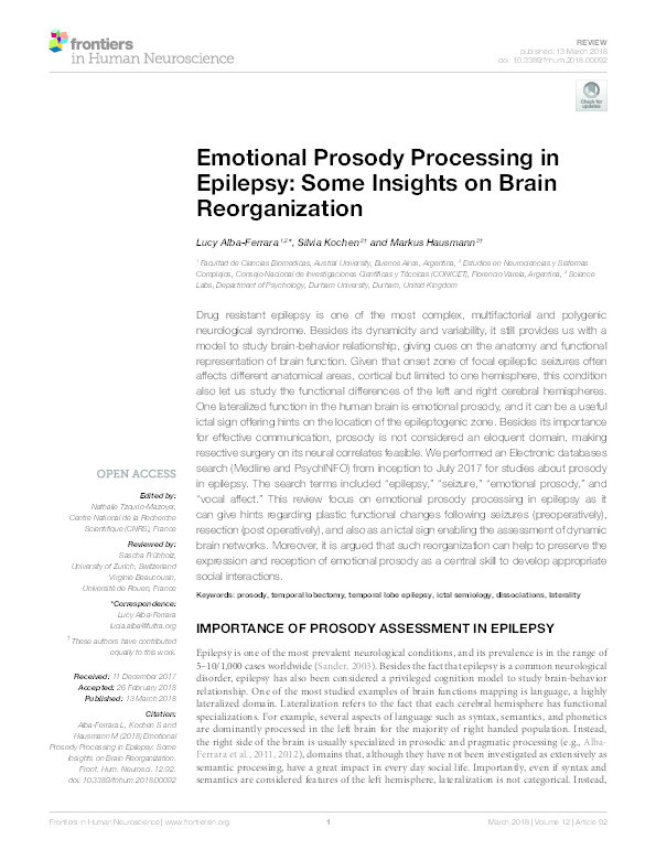 Emotional prosody processing in epilepsy: Some insights on brain reorganization Thumbnail