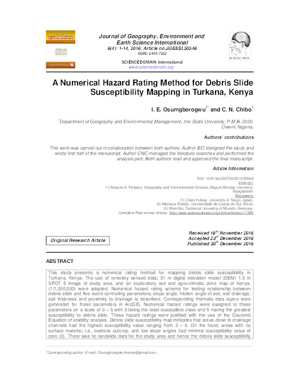 A Numerical Hazard Rating Method for Debris Slide Susceptibility Mapping in Turkana, Kenya Thumbnail