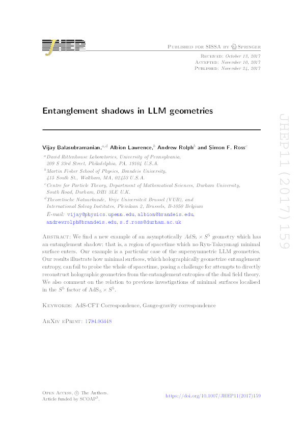 Entanglement shadows in LLM geometries Thumbnail