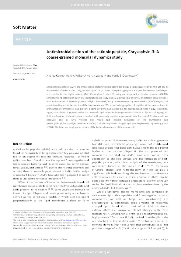 Antimicrobial action of the cationic peptide, chrysophsin-3: a coarse-grained molecular dynamics study Thumbnail