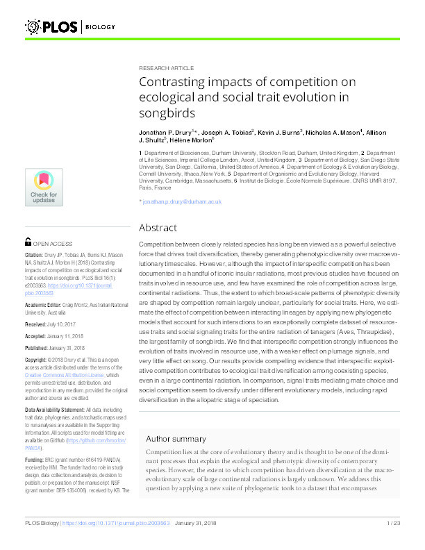 Contrasting impacts of competition on ecological and social trait evolution in songbirds Thumbnail
