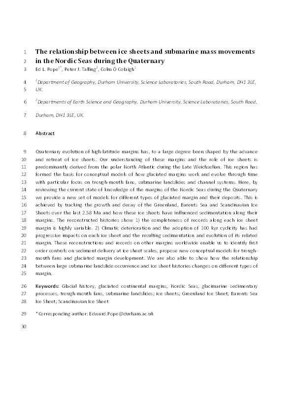 The relationship between ice sheets and submarine mass movements in the Nordic Seas during the Quaternary Thumbnail