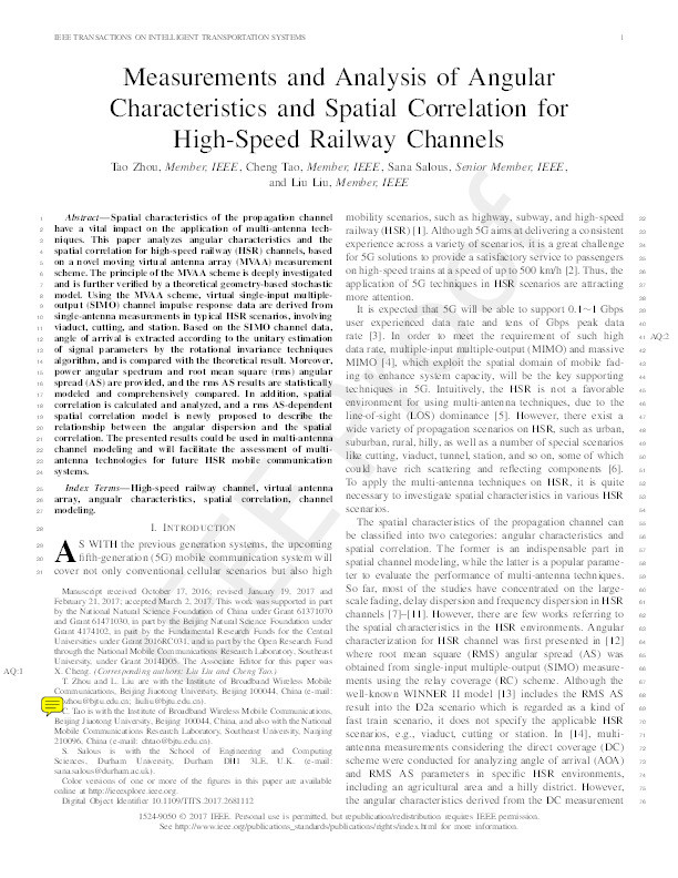Measurements and Analysis of Angular Characteristics and Spatial Correlation for High-Speed Railway Channels Thumbnail