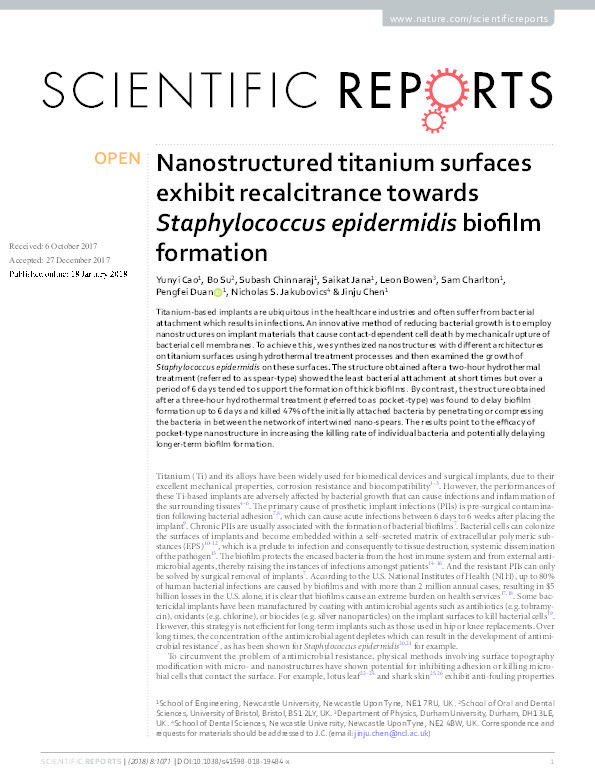 Nanostructured titanium surfaces exhibit recalcitrance towards Staphylococcus epidermidis biofilm formation Thumbnail