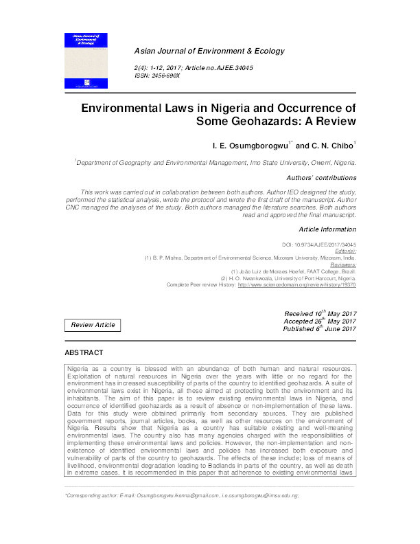 Environmental Laws in Nigeria and Occurrence of Some Geohazards: A Review Thumbnail