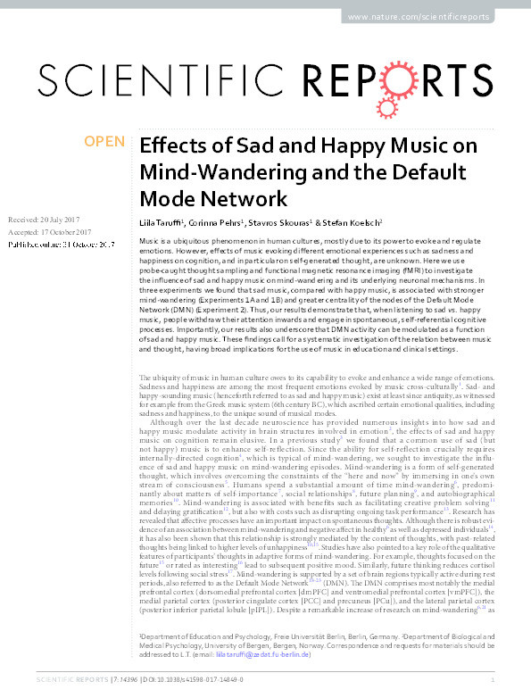 Effects of Sad and Happy Music on Mind-Wandering and the Default Mode Network Thumbnail