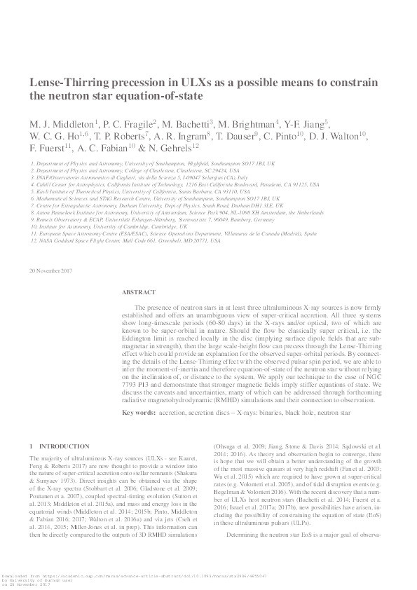 Lense-Thirring precession in ULXs as a possible means to constrain the neutron star equation-of-state Thumbnail