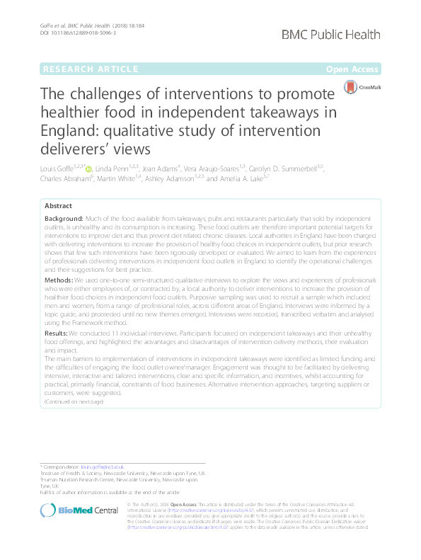 The challenges of interventions to promote healthier food in independent takeaways in England: qualitative study of intervention deliverers’ views Thumbnail