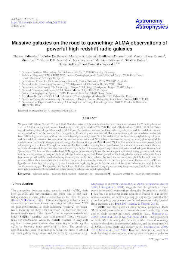 Massive galaxies on the road to quenching: ALMA observations of powerful high redshift radio galaxies Thumbnail