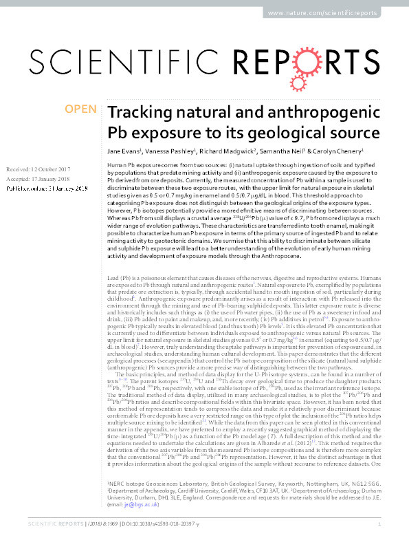 Tracking natural and anthropogenic Pb exposure to its geological source Thumbnail