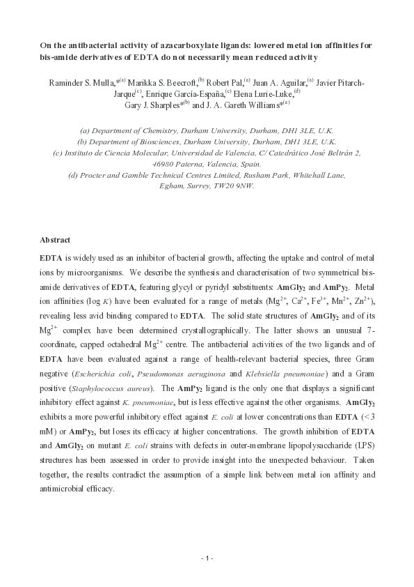 On the antibacterial activity of azacarboxylate ligands: lowered metal ion affinities for bis-amide derivatives of EDTA do not mean reduced activity Thumbnail