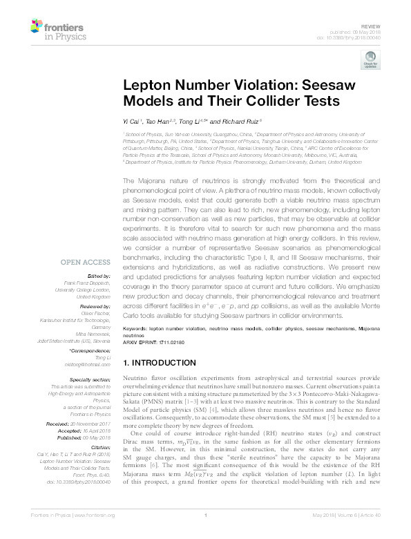 Lepton Number Violation: Seesaw Models and Their Collider Tests Thumbnail