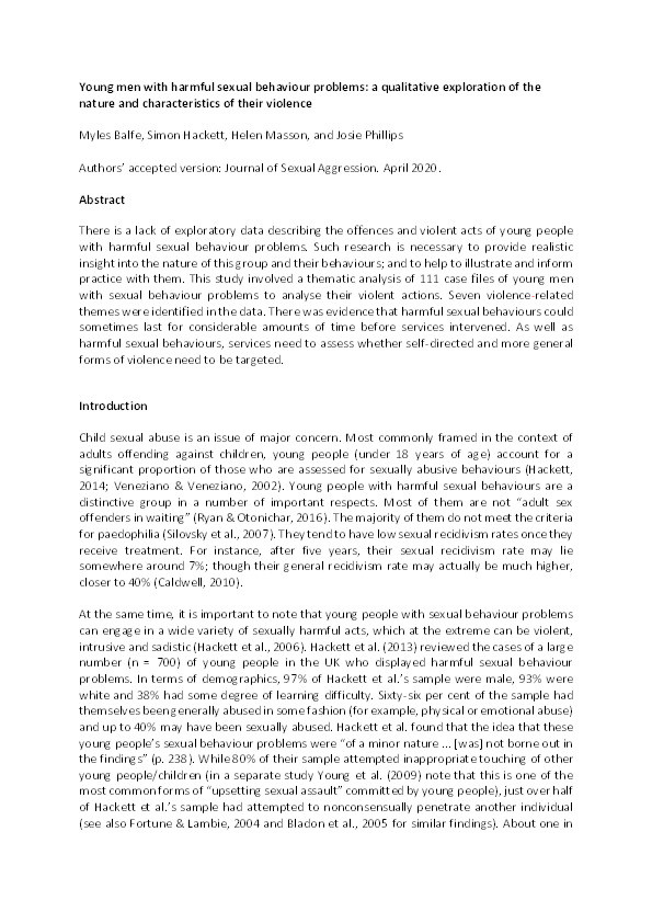 Young men with harmful sexual behaviour problems: a qualitative exploration of the nature and characteristics of their violence Thumbnail