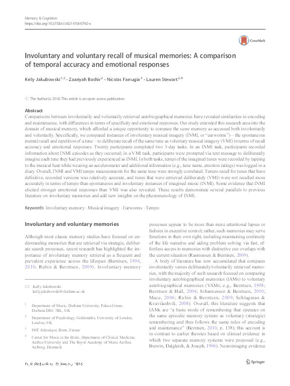 Involuntary and voluntary recall of musical memories: A comparison of temporal accuracy and emotional responses Thumbnail
