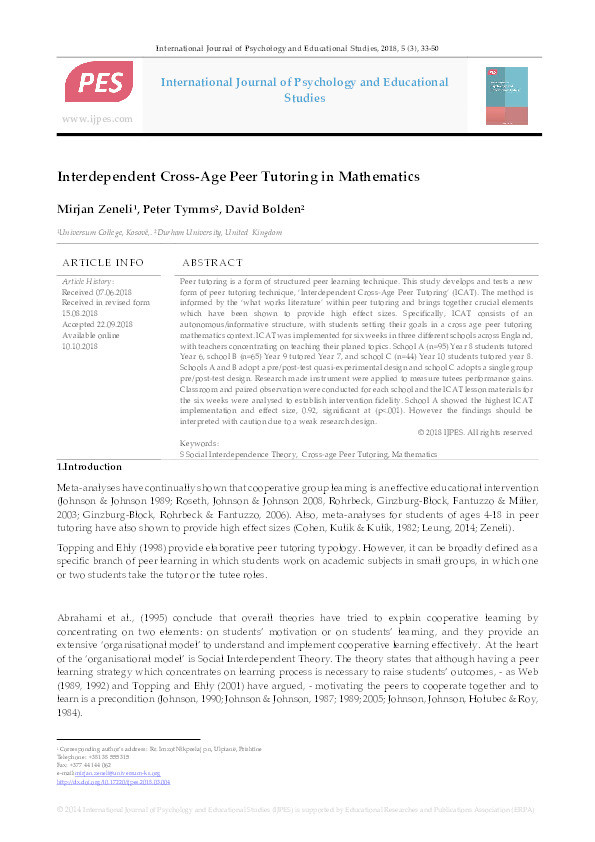 Interdependent Cross-Age Peer Tutoring in Mathematics Thumbnail