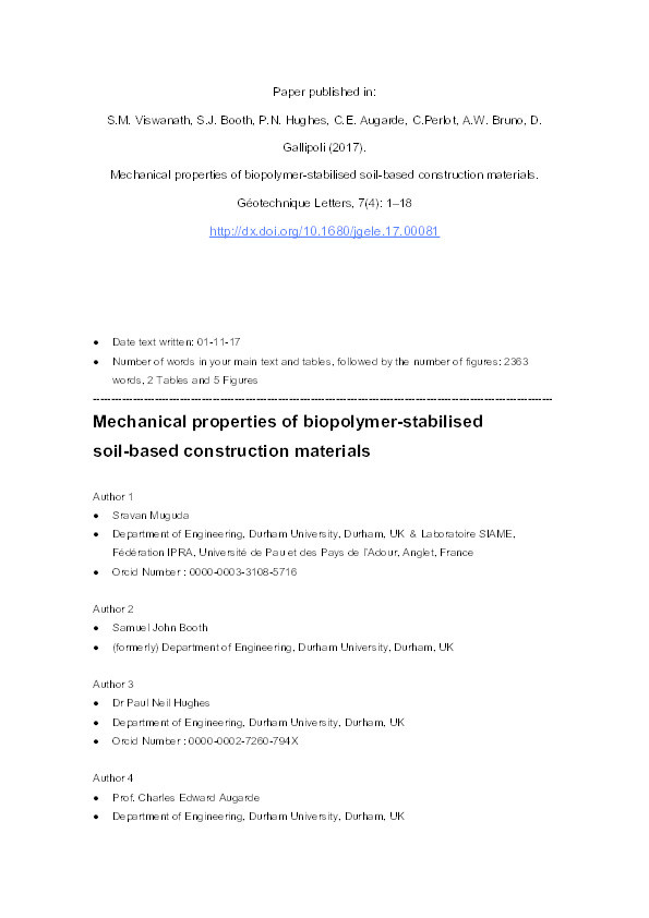 Mechanical properties of biopolymer-stabilised soil-based construction materials Thumbnail