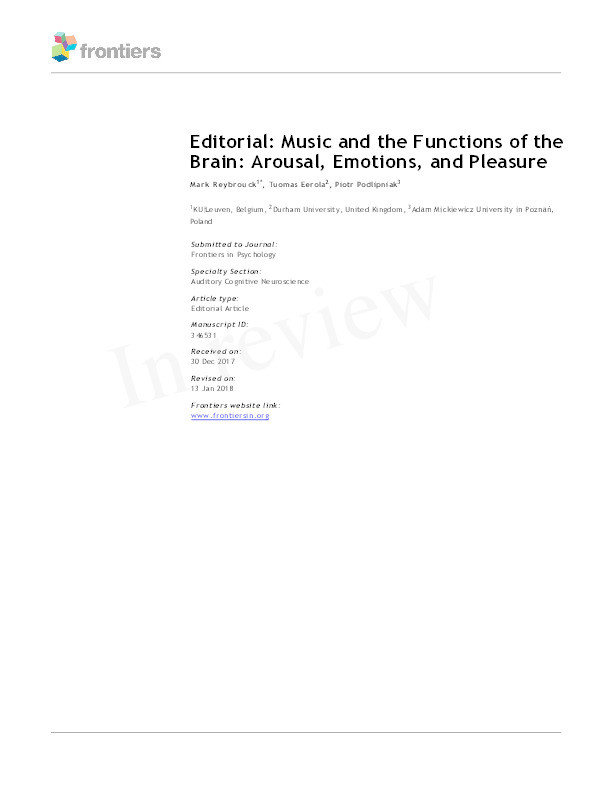 Editorial: Music and the Functions of the Brain: Arousal, Emotions, and Pleasure Thumbnail