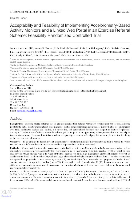 Acceptability and feasibility of implementing accelorometry-based activity monitors and a linked web portal in an exercise referral scheme: A mixed-methods feasibility randomized controlled trial Thumbnail