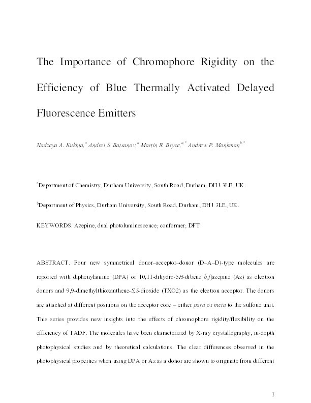 Importance of Chromophore Rigidity on the Efficiency of Blue Thermally Activated Delayed Fluorescence Emitters Thumbnail