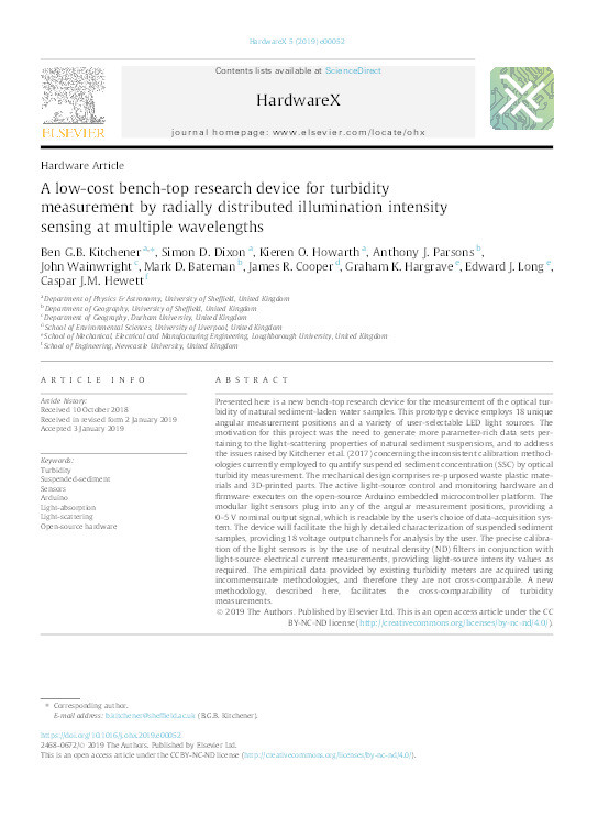 A low-cost bench-top research device for turbidity measurement by radially distributed illumination intensity sensing at multiple wavelengths Thumbnail