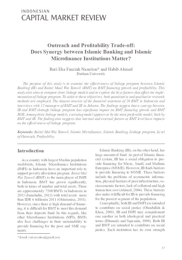 Outreach and Profitability Trade-off: Does Synergy between Islamic Banking and Islamic Microfinance Institutions Matter? Thumbnail
