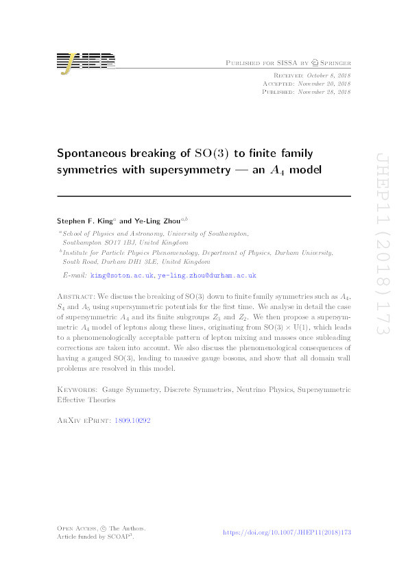 Spontaneous breaking of SO(3) to finite family symmetries with supersymmetry — an A4 model Thumbnail