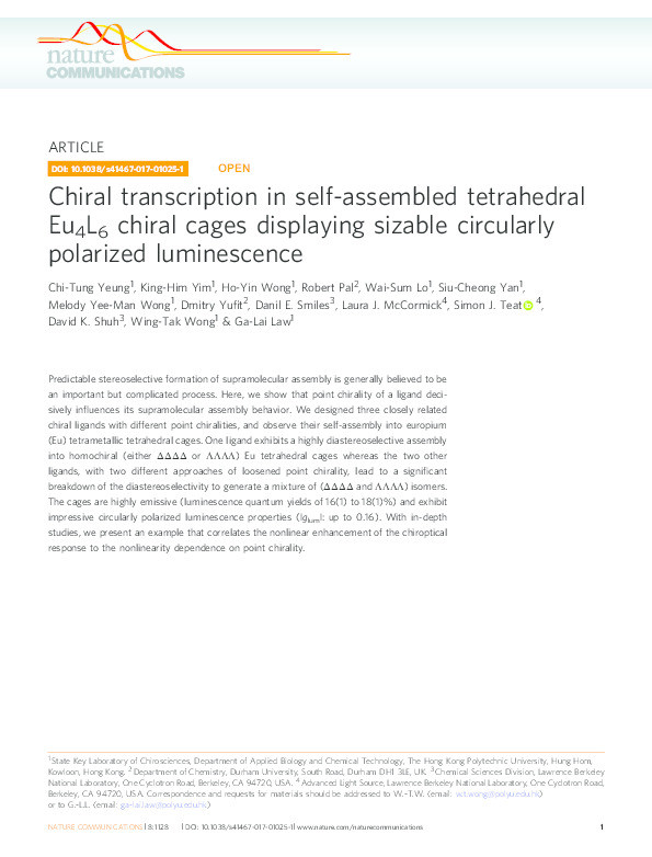 Chiral transcription in self-assembled tetrahedral Eu4L6 chiral cages displaying sizable circularly polarized luminescence Thumbnail