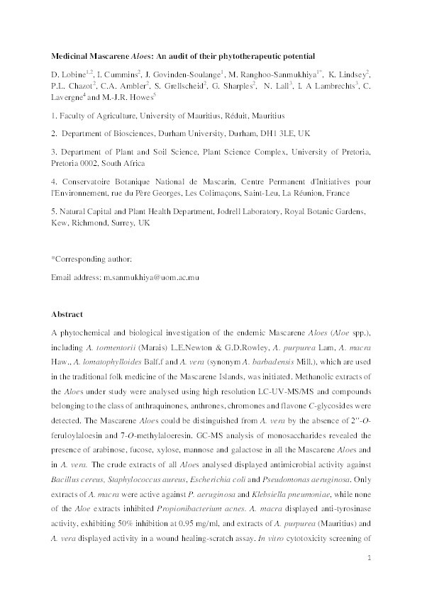 Medicinal Mascarene Aloe s: An audit of their phytotherapeutic potential Thumbnail